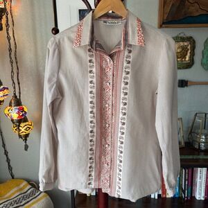 Vintage Lanvin Paris New York Blouse 12 Boho Mod Print Secretary Top